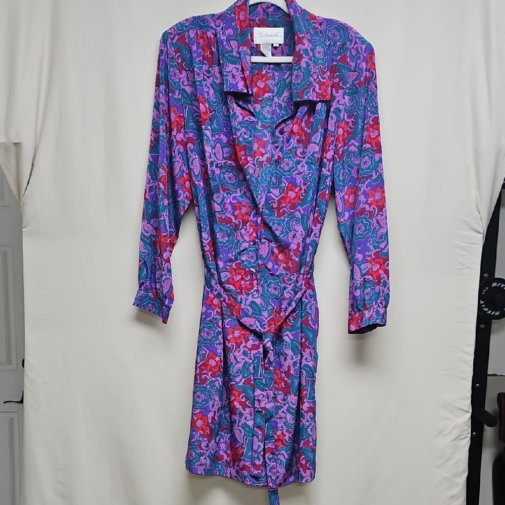 Vintage Schrader Paisley Hostess Robe Lounge Dress Purple Pink Belted Size 18